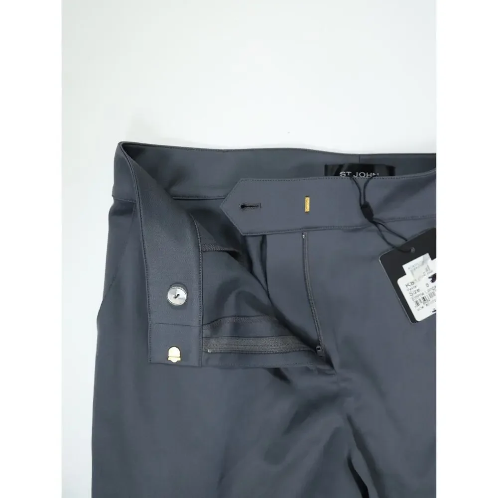 St. John Emma Pewter Gray Wool Blend Straight Leg Pants 8 NWT Raw Hem Luxury